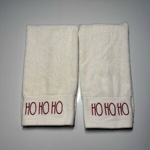 Rae Dunn Holiday Ho Ho Ho White Hand Towels With Red Writing. Set Of 2